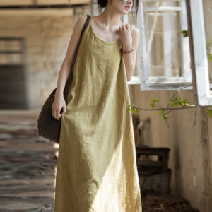 Buddha Stones Summer Spaghetti Strap Handmade Tie Dye Linen Midi Cami Dress Midi Dress BS LemonChiffon F(Fit for US4-8/10; UK/AU8-12/14; EU36-40/42)