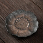 Buddha Stones Vintage Lotus Flower Ceramic Cup Mat Pad Tea Cup Coaster Kung Fu Tea Mat Cup Mat BS Brown 9.8*1.7cm