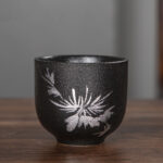 Buddha Stones Hand Painted Lotus Flower Bamboo Chrysanthemum Black Pottery Ceramic Teacup Kung Fu Tea Cup 95ml Cup BS Chrysanthemum 6.3cm*5.7cm*95ml