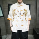 Buddha Stones Frog-Button Chinese Dragon Embroidery Half Sleeve Shirt Linen Men Clothing Men's Shirts BS 12