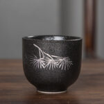 Buddha Stones Hand Painted Lotus Flower Bamboo Chrysanthemum Black Pottery Ceramic Teacup Kung Fu Tea Cup 95ml Cup BS Leaves 6.3cm*5.7cm*95ml