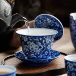 Buddha Stones Plum Blossom Blue And White Porcelain Ceramic Gaiwan Sancai Teacup Kung Fu Tea Cup And Saucer With Lid 185ml Cup BS 4