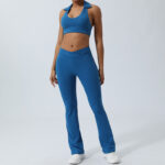 Buddha Stones 2Pcs Workout Sleeveless Backless Top Shorts Flared Pants Sports Fitness Yoga Outfit Set 2-Piece Outfit BS Blue 2Pcs(Top&Pants) XL
