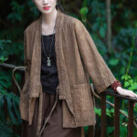 Buddha Stones Hanfu Design Three Quarter Sleeve Ramie Linen Coat Open Front Top Jacket Coat BS 21