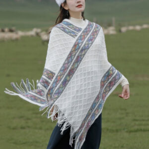 Buddha Stones Tibetan Colorful Striped Rhombus Pattern Shawl Tassels Pullover Winter Cozy Travel Scarf Wrap Tibetan Shawl BS White 150cm*55cm