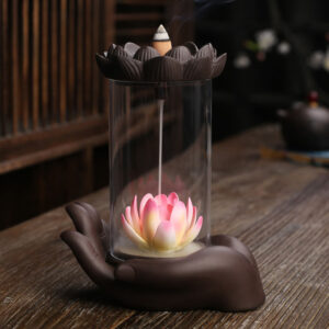 Buddha Stones Buddha Hand Lotus Enlightenment LED Light Purple Clay Ceramic Incense Burner Decoration Incense Burner BS Buddha Hand Lotus