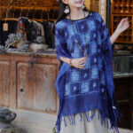 Buddha Stones Blue Color Block Plaid Shawl Tassels Soft Pullover 90*95cm 7
