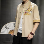 Buddha Stones Frog-Button Chinese Dragon Auspicious Cloud Embroidery Half Sleeve Shirt Cotton Linen Men Clothing Men's Shirts BS Linen 5XL(Fit for US/UK/AU44; EU54)