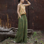 Buddha Stones Green Yellow Ramie Linen Flexible Waistband Wide Leg Pants With Pockets Women's Wide Leg Pants BS 24
