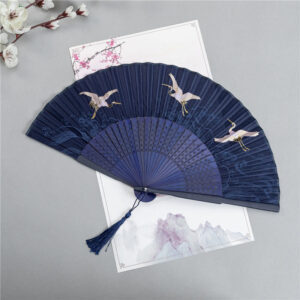 Buddha Stones Crane Dragonfly Lotus Peony Plum Blossom Butterfly Handheld Silk Bamboo Folding Fan 22.5cm 1