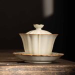 Buddha Stones Beige Plum Blossom Shape Peach Branch Ceramic Gaiwan Sancai Teacup Kung Fu Tea Cup With Lid Cup BS Beige Plum Blossom Shape 9.8cm*9.2cm*120ml