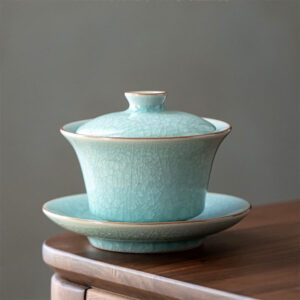 Buddha Stones Retro Green Ice Glaze Ceramic Gaiwan Sancai Teacup Kung Fu Tea Cup And Saucer With Lid Cup BS 12.4*9.3cm*180ml