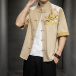 Buddha Stones Frog-Button Chinese Dragon Auspicious Cloud Embroidery Half Sleeve Shirt Cotton Linen Men Clothing Men's Shirts BS 31