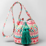 Buddha Stones Colorful Geometry Flowers Print Canvas Bucket Crossbody Bag Shoulder Bag Crossbody Bag BS Pink Green Lines 23*16*23cm