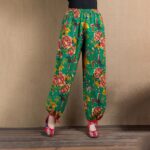 Buddha Stones Ethnic Style Red Green Flowers Print Harem Pants With Pockets Women's Harem Pants BS Green Yellow Flowers(Waist 63-100cm/Hips 122cm/Length 92cm)