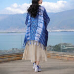 Buddha Stones Blue White Striped Indigo Dyeing Shawl Tassels Cozy Pullover 90*95cm 11
