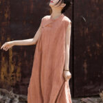 Buddha Stones Handmade Tie Dye Midi Dress Linen Sleeveless Dress 4