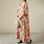 Buddha Stones Orange Blue Colorful Polka Dots Midi Dress Cotton Half Sleeve Dress With Pockets Midi Dress BS 11