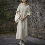 Buddha Stones Solid Color V-Neck Half Sleeve Ramie Linen Midi Dress With Pockets Midi Dress BS Linen F(Fit for US4-14; UK/AU8-18; EU36-46)