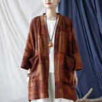 Buddha Stones Orange Flower Geometry Print Cotton Open Front Jacket With Pockets 7