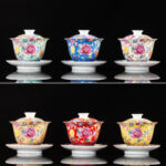 Buddha Stones Peony Flowers Ceramic Gaiwan Sancai Teacup Kung Fu Tea Cup And Saucer With Lid Cup BS 1