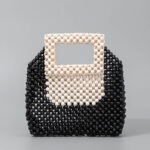 Buddha Stones Hand-woven Wooden Beads Square Tote Handbag Handbags BS Black Cream 21*4.5*21cm