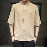 Buddha Stones Frog-Button Phoenix Embroidery Chinese Tang Suit Short Sleeve Shirt Cotton Linen Men Clothing Men's Shirts BS Bisque 5XL(Fit for USUK/AU46; EU56)