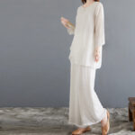 Buddha Stones 2Pcs Frog-Button Long Sleeve Shirt Wide Leg Pants Meditation Cotton Linen Clothing Women's Meditation Cloth BS 7