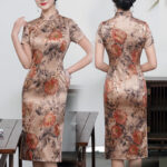 Buddha Stones Retro Flower Lotus Peony Feather Print Qipao Dress Women's Cheongsam Dress Cheongsam Dresses BS Dark Champagne Flower Suitable for Weight 77.5kg