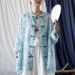 Buddha Stones Light Green Pink Flowers Green Leaves Frog-Button Long Sleeve Ramie Linen Jacket Shirt 27