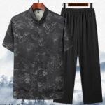 Buddha Stones Mountains Trees Tang Suit Hanfu Traditional Uniform Short Sleeve Top Pants Clothing Men's Set Men's Meditation Cloth BS Black Top&Pants 44/4XL