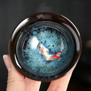 Buddha Stones Small Koi Fish Blue Kiln Change Chinese Jianzhan Ceramic Teacup Kung Fu Tea Cup 75ml Jian Zhan Tea Cup BS Koi Fish 7.8cm*3.8cm*75ml
