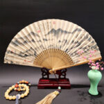 Buddha Stones A Panorama Of Rivers And Mountains Cranes Orchid Flower Paper Bamboo Handheld Silk Bamboo Folding Fan 22cm Folding Fan BS Mountains Clouds 22cm