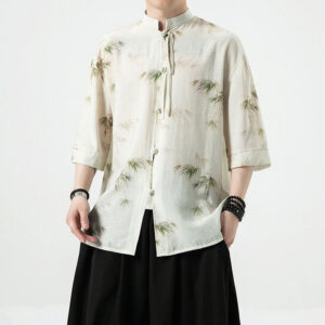 Buddha Stones Green Yellow Bamboo Leaves Print Half Sleeve Shirt Men's T-shirt T-shirt BS 5XL(Bust 132cm/Shoulder 55cm/Length 80cm)