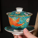 Buddha Stones Dragon Phoenix Flower Design Ceramic Gaiwan Sancai Teacup Kung Fu Tea Cup And Saucer With Lid Cup BS Green Phoenix 9.5cm*9.3cm*160ml