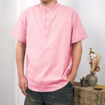 Buddha Stones Men's Plain Color Short Sleeve Half Button Cotton Linen Shirt Men's Shirts BS PeachPuff 3XL(Fit for US/UK/AU44; EU54)