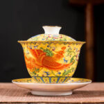 Buddha Stones Dragon Phoenix Flower Design Ceramic Gaiwan Sancai Teacup Kung Fu Tea Cup And Saucer With Lid Cup BS Yellow Phoenix 9.5cm*9.3cm*160ml
