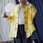 Buddha Stones Yellow Phoenix Print Frog-button Design Long Sleeve Ramie Linen Jacket Shirt Women's Shirts BS Yellow Phoenix Long Style(Bust 174cm/Shoulder 99cm/Length 75cm)(Jacket Only)