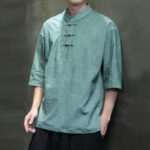 Buddha Stones Men's Chinese Frog-Button Tang Suit Half Sleeve Cotton Linen Shirt Men's Shirts BS 11