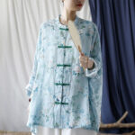 Buddha Stones Light Green Pink Flowers Green Leaves Frog-Button Long Sleeve Ramie Linen Jacket Shirt 23