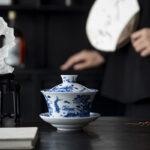 Buddha Stones Blue And White Porcelain Lotus Koi Fish Lion Dance Watermelon Ceramic Gaiwan Sancai Teacup Kung Fu Tea Cup And Saucer With Lid 300ml Cup BS 5