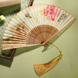 Buddha Stones Cute Cat Butterfly Flowers Pattern Handheld Silk Bamboo Folding Fan 21cm Folding Fan BS Cat Butterfly Flowers Yellow 21cm