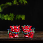 Buddha Stones Small Pair of Lion Fu Foo Dogs Ward Off Evil Protection Home Resin Decoration Decorations BS A Pair of Red Fu Dogs