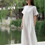 Buddha Stones Frog-Button Midi Dress Cotton Linen Short Sleeve Dress With Pockets Midi Dress BS 11