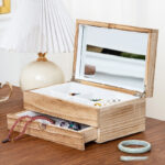 Buddha Stones Retro Beige Wooden Jewelry Box Two-Layer Jewelry Storage Box With Mirror - image 2