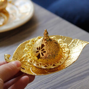 Buddha Stones Tibetan Gold Mini Leaf Coaster Meditation Incense Burner Incense Burner BS Gold Leaf Coaster&Incense Burner