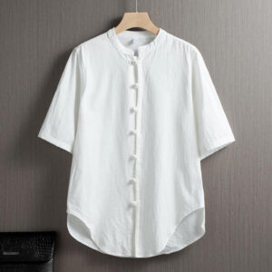 Buddha Stones Frog-Button Plain Chinese Tang Suit Short Sleeve Shirt Cotton Linen Men Clothing Men's Shirts BS White 5XL(Fit for USUK/AU46; EU56)