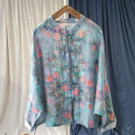 Buddha Stones Pink Flowers Green Leaves Print Frog-button Design Long Sleeve Ramie Linen Jacket Shirt Women's Shirts BS 8