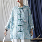 Buddha Stones Light Green Pink Flowers Green Leaves Frog-Button Long Sleeve Ramie Linen Jacket Shirt 2