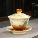 Buddha Stones Mountain Landscape Countryside Ceramic Gaiwan Sancai Teacup Kung Fu Tea Cup And Saucer With Lid Cup BS 11cm*10cm*100-130ml